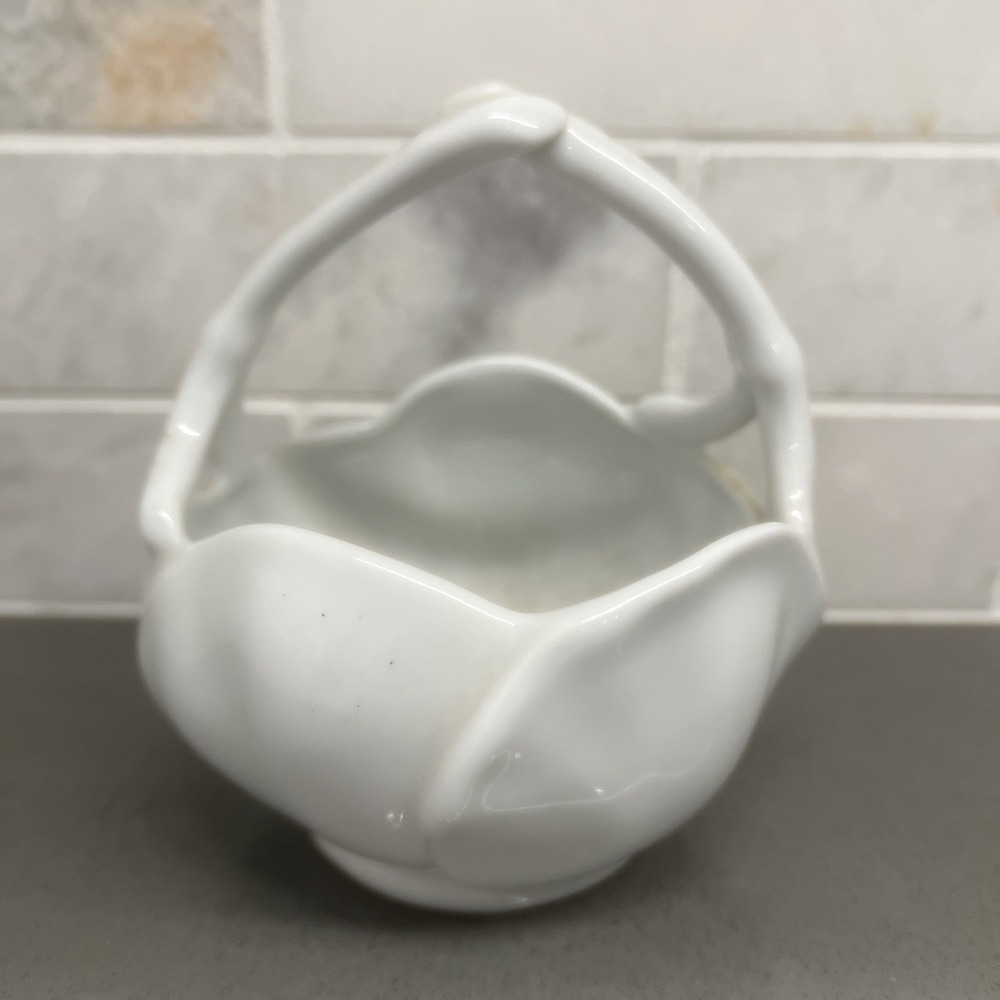 Giraud Limoges France Lotus Petal White Porcelain Basket Bowl With Handle